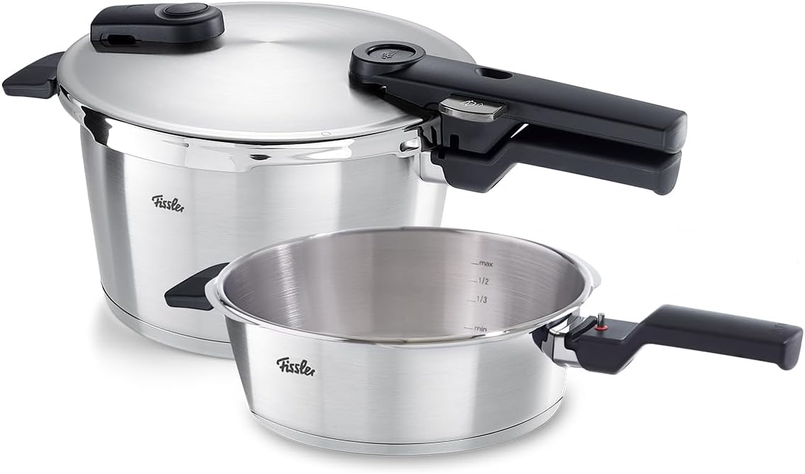 Fissler Vitaquick Premium / Schnellkochtopf-Set, 2-teilig Ø 22 cm (1 Schnellkochtopf 4,5 L, 1 Schnellbratpfanne 2,5 L) – Induktion, Silber