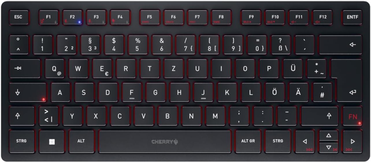 CHERRY KW 9200 MINI, Kompakte Multi-Device-Tastatur für bis zu 4 Geräte, Deutsches Layout (QWERTZ), Bluetooth, 2,4 GHz oder Kabel, Wiederaufladbar, Schwarz