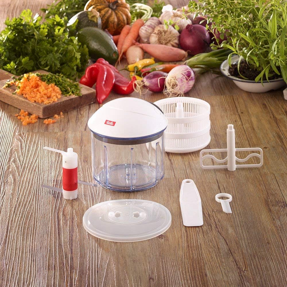 Fissler Finecut / Obst und Gemüseschneider, Multi- Zerkleinerer-manuell, Universalschneider-Küche, Zwiebel-Cutter mit Zugmechanismus (mixen, schleudern, aufbewahren), Weiß