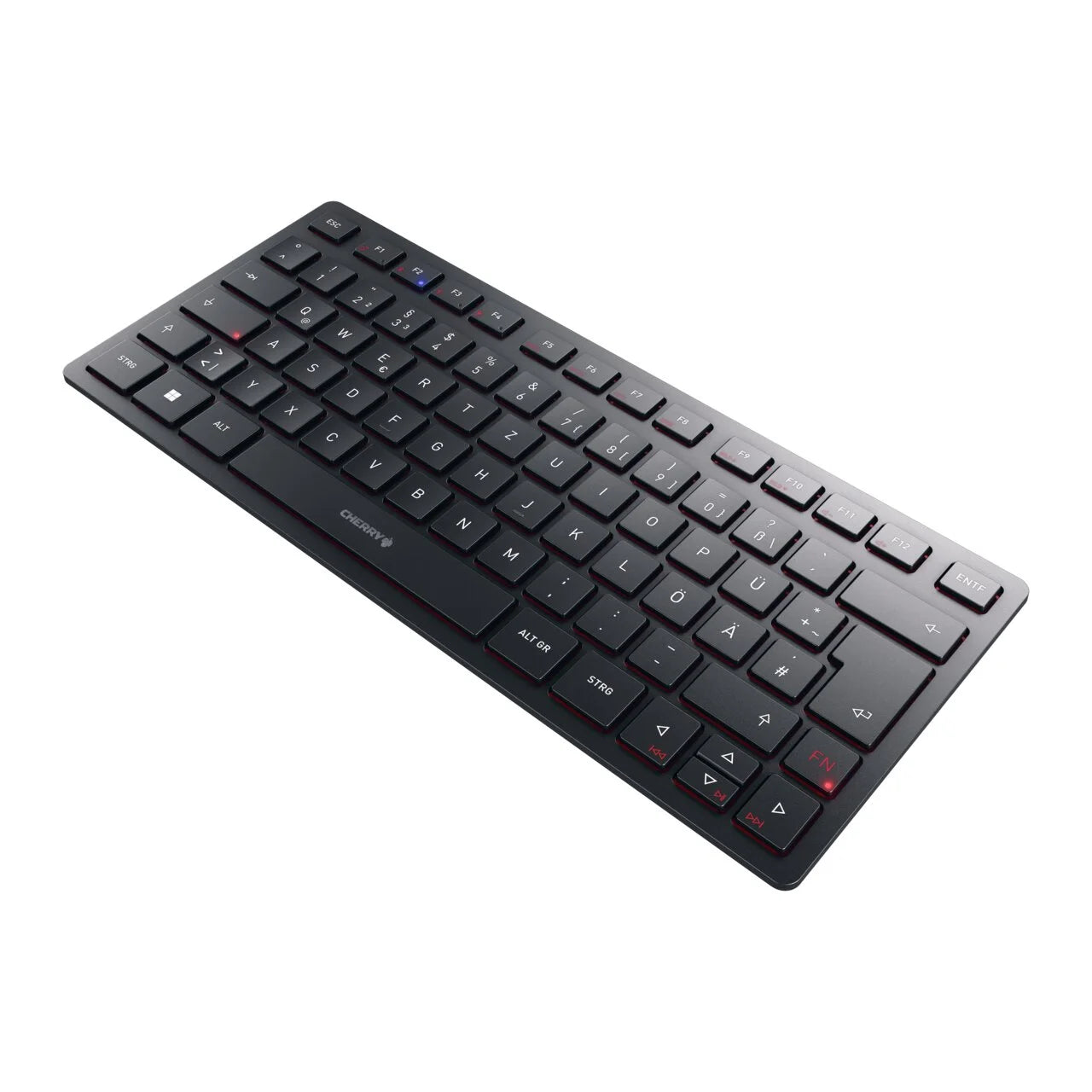 CHERRY KW 9200 MINI, Kompakte Multi-Device-Tastatur für bis zu 4 Geräte, Deutsches Layout (QWERTZ), Bluetooth, 2,4 GHz oder Kabel, Wiederaufladbar, Schwarz
