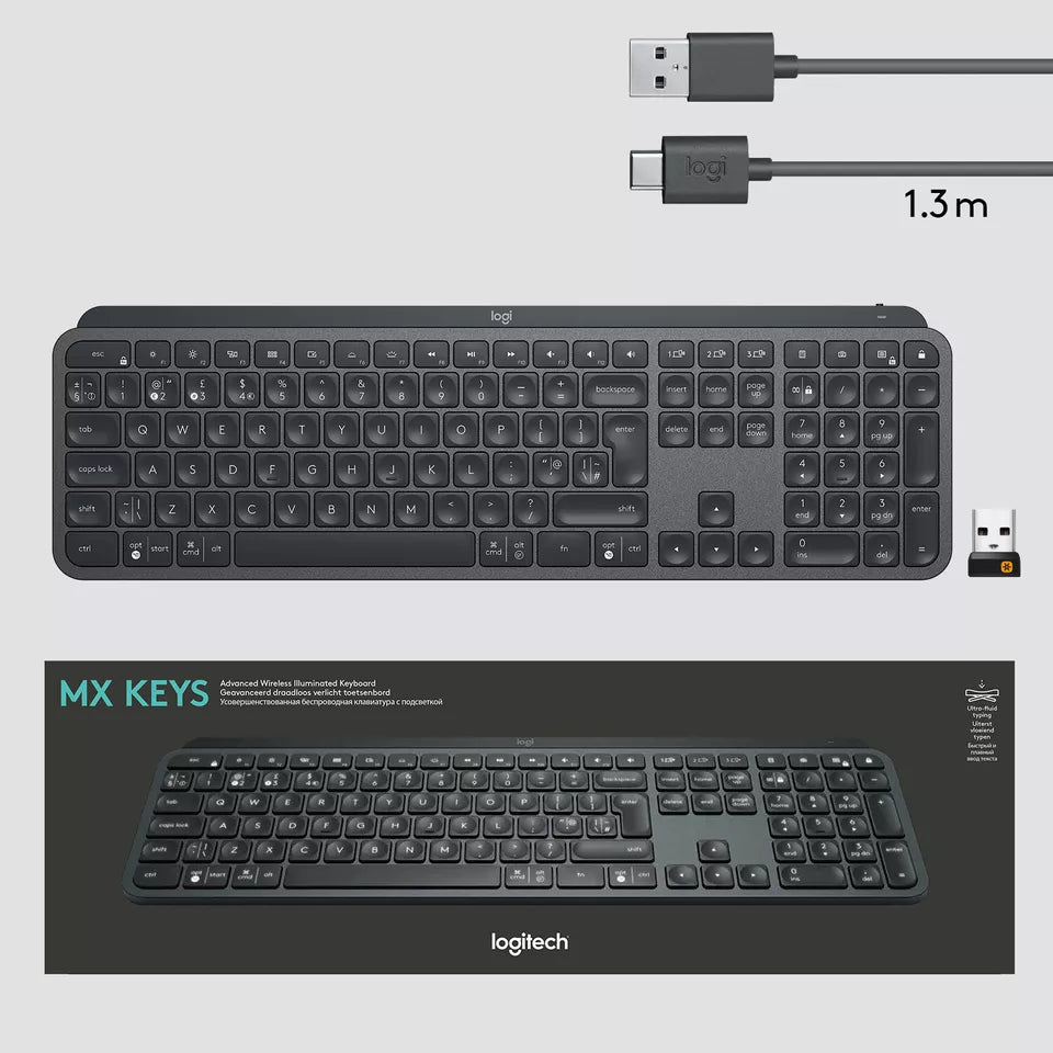 Logitech MX Keys Wireless Tastatur USB/Bluetooth –Schweizer QWERTZ (920-009407)