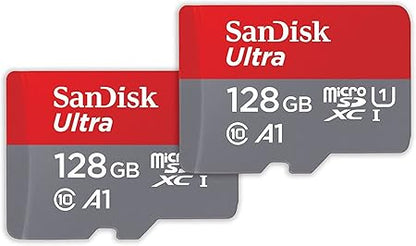 SanDisk Ultra microSDXC UHS-I-Speicherkarte 128 GB + SD-Adapter 2er-Pack (Für Smartphones und Tablets, A1, Class 10, U1, Full HD-Videos, bis zu 140 MB/s Lesegeschwindigkeit)