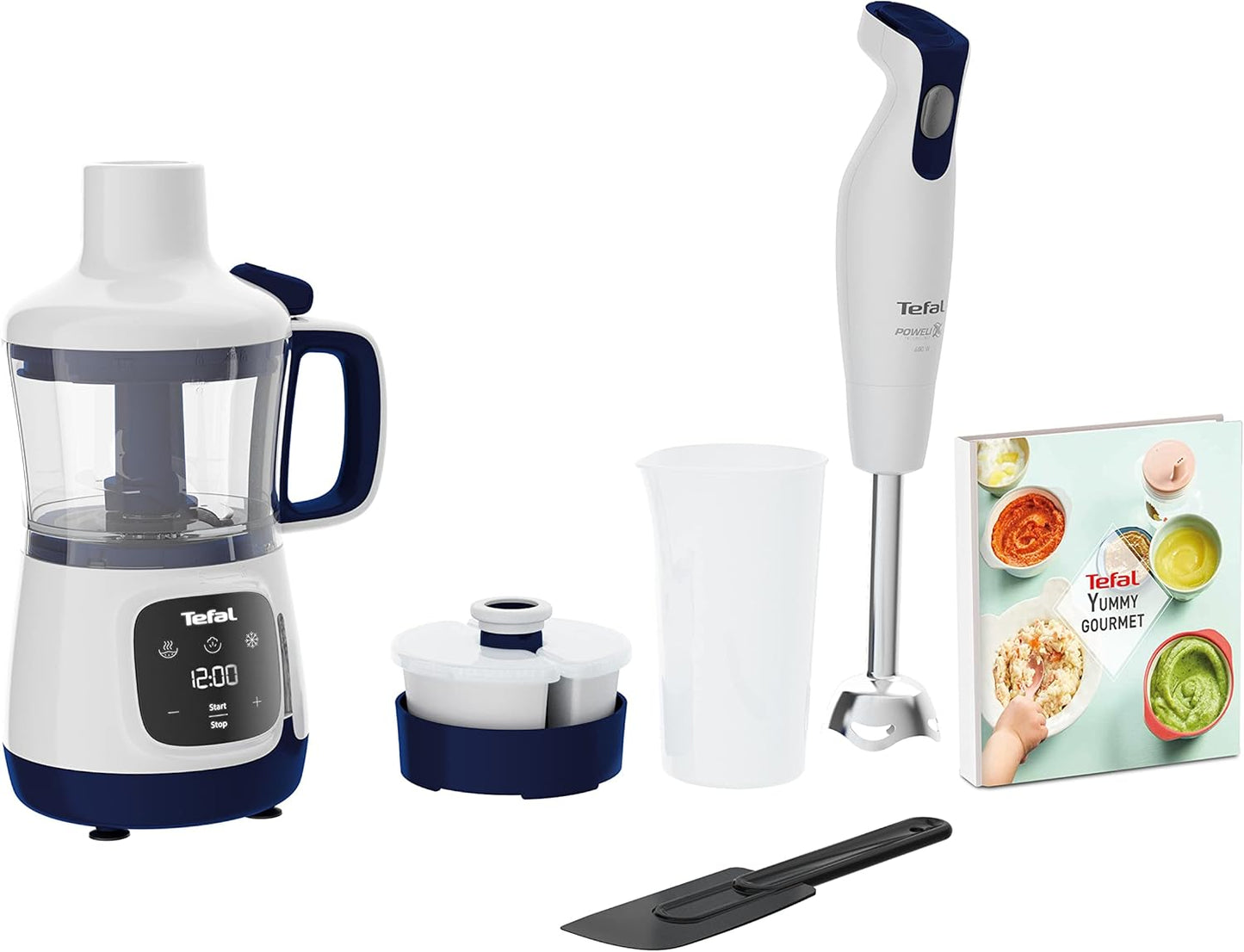 Tefal HB55W4 Yummy Gourmet Babynahrungszubereiter Stabmixer mit Touchscreen, Rezeptbuch & spülmaschinenfestem Zubehör Weiß/Blau