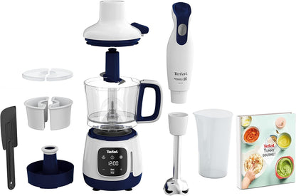 Tefal HB55W4 Yummy Gourmet Babynahrungszubereiter Stabmixer mit Touchscreen, Rezeptbuch & spülmaschinenfestem Zubehör Weiß/Blau