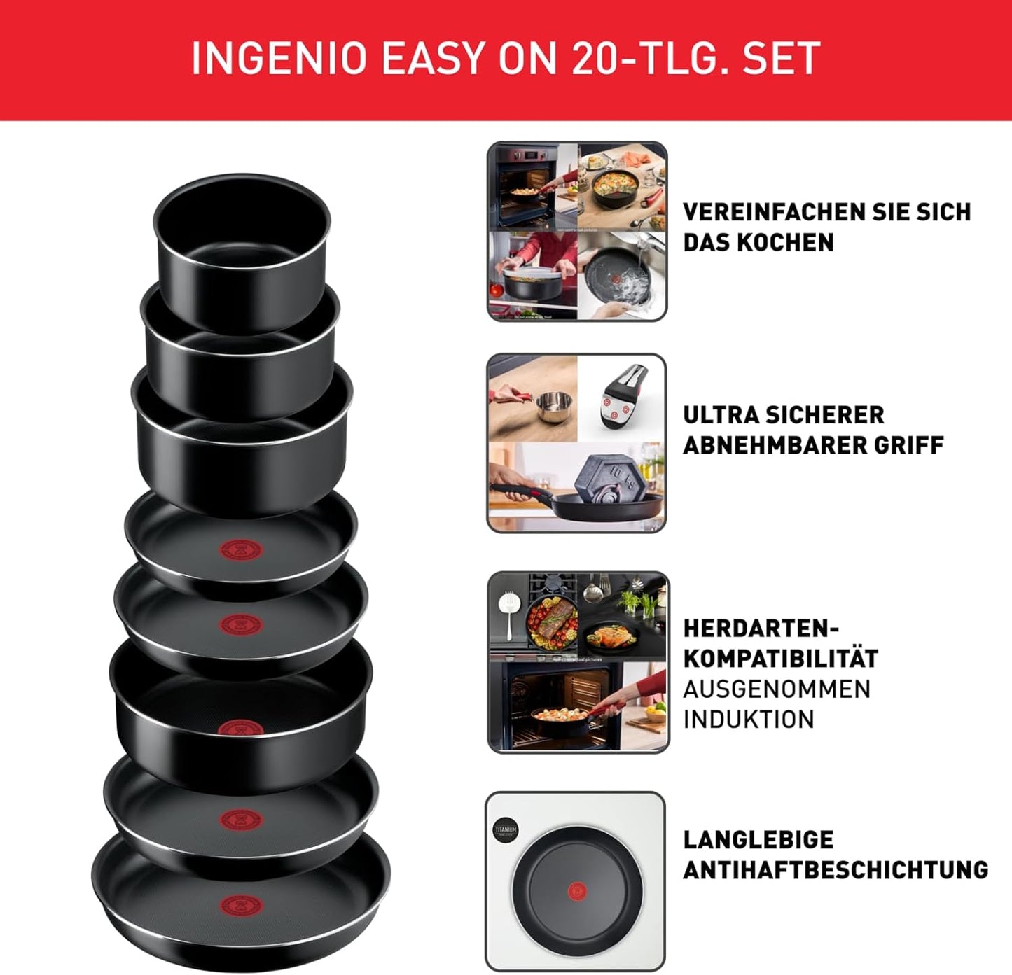 Tefal Ingenio Easy On 20-teiliges Topf- und Pfannenset mit abnehmbarem Griff (L15994) - Bestartikel-Shop