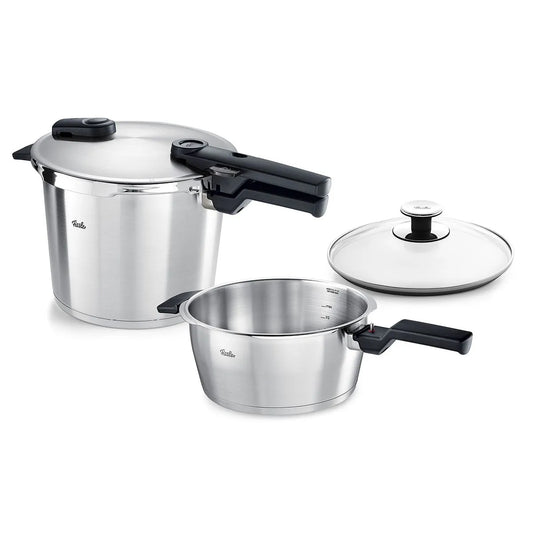Fissler Vitaquick Premium / Schnellkochtopf-Set, 2-teilig (2 Schnellkochtöpfe mit Metalldeckel 3,5 L + 6 Liter ,1 Zusatz-Glasdeckel) – Induktion, Rostfreier Edelstahl