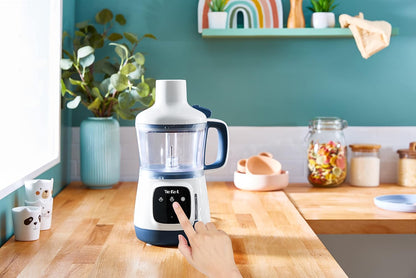 Tefal HB55W4 Yummy Gourmet Babynahrungszubereiter Stabmixer mit Touchscreen, Rezeptbuch & spülmaschinenfestem Zubehör Weiß/Blau