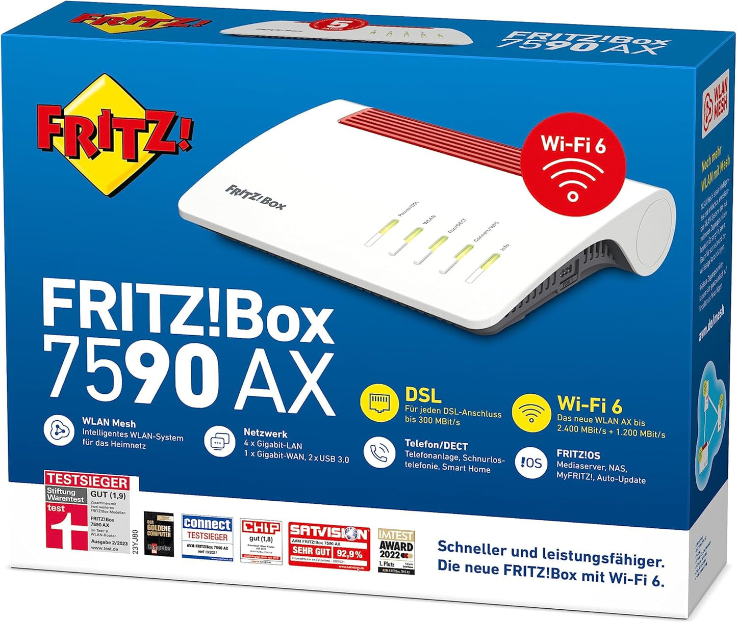 AVM FRITZ!Box 7590 AX (Wi-Fi 6 Router mit 2.400 MBit/s (5GHz) & 1.200 MBit/s (2,4 GHz),bis zu 300 MBit/s mit VDSL-Supervectoring 35b,WLAN Mesh) - Bestartikel-Shop