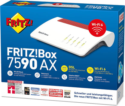 AVM FRITZ!Box 7590 AX (Wi-Fi 6 Router mit 2.400 MBit/s (5GHz) & 1.200 MBit/s (2,4 GHz),bis zu 300 MBit/s mit VDSL-Supervectoring 35b,WLAN Mesh) - Bestartikel-Shop