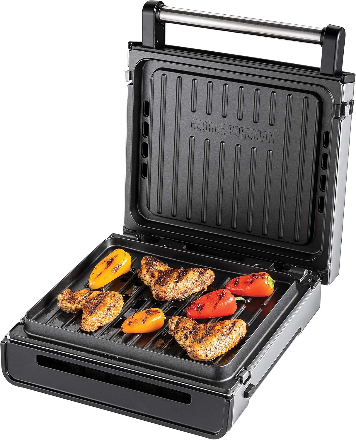 George Foreman Kontaktgrill & Panini- / Sandwichgrill [Smokeless - 87% weniger Rauch] Tischgrill (abnehmbare & spülmaschinengeeignete Grillplatten, 200°C Grilltemperatur, Edelstahlgehäuse) 28000-56