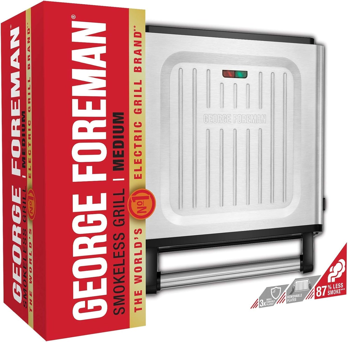George Foreman Kontaktgrill & Panini- / Sandwichgrill [Smokeless - 87% weniger Rauch] Tischgrill (abnehmbare & spülmaschinengeeignete Grillplatten, 200°C Grilltemperatur, Edelstahlgehäuse) 28000-56
