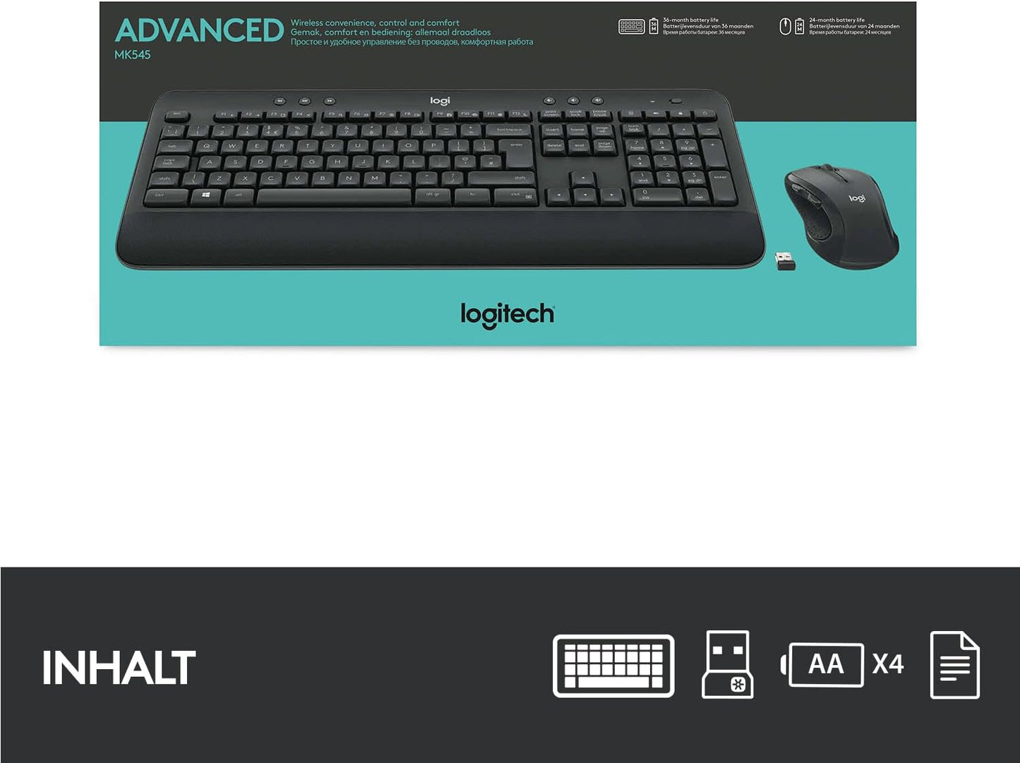 LOGITECH MK545 Advanced, Tastatur & Maus Set, kabellos, Schwarz